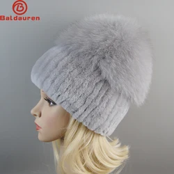 Bonnets en fourrure de renard véritable pour femmes et filles, Skullies en fourrure de lapin Rex naturel, bonnet en tricot, chapeaux en fourrure véritable, nouveau style, Russie, hiver