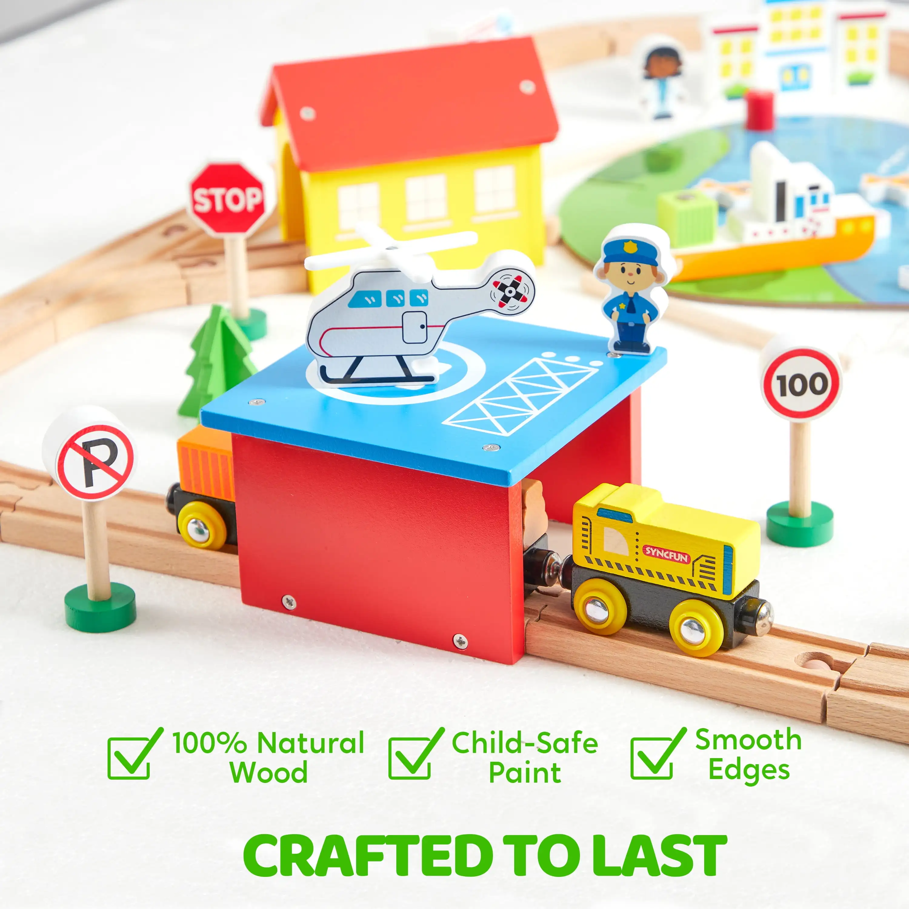 Joyfy Set di treni in legno da 110 pezzi con binari Set ferroviario per scene di città con treni magnetici Giocattolo per bambini Compleanno Regalo di Natale
