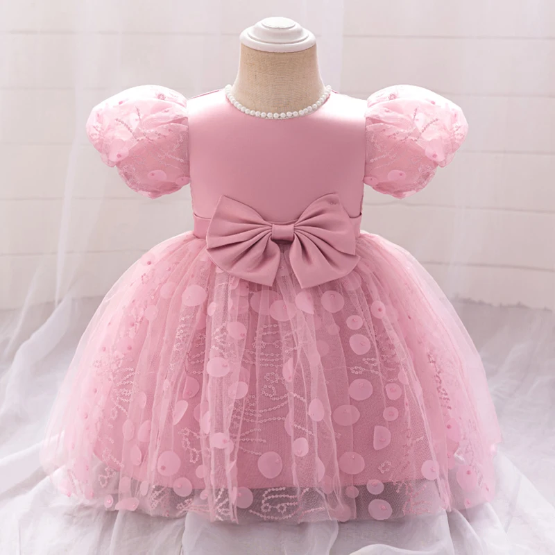 

Toddler Baby Girl Beading Princess Dress Tulle Infant 1st Birthday Wedding Party Dresses For Girls Bow Gown Baby Summer Clothes