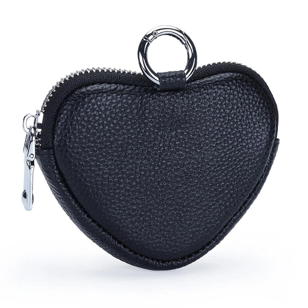 Zipper Pouch Keychain Black Red Heart Small Pouch with Zipper Mini Coin Purse Luxury Genuine Leather Change Purses with Keyring