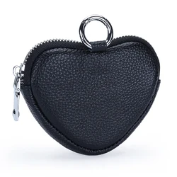 Couro genuíno bolsa mudança com chaveiro, mini bolsa de moedas, pequena bolsa chaveiro, coração preto e vermelho, luxo