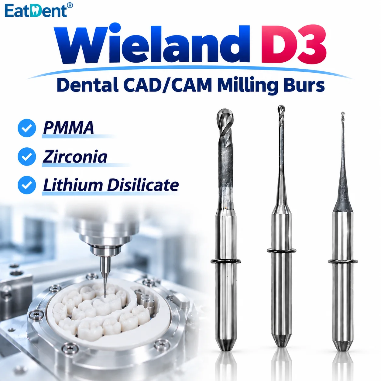 Wieland Select Dental Milling Burs Diamond Coat for Zirconia Lithium Disilicate Glass-ceramic PMMA DC D3 CAD/CAM Grinding Drills