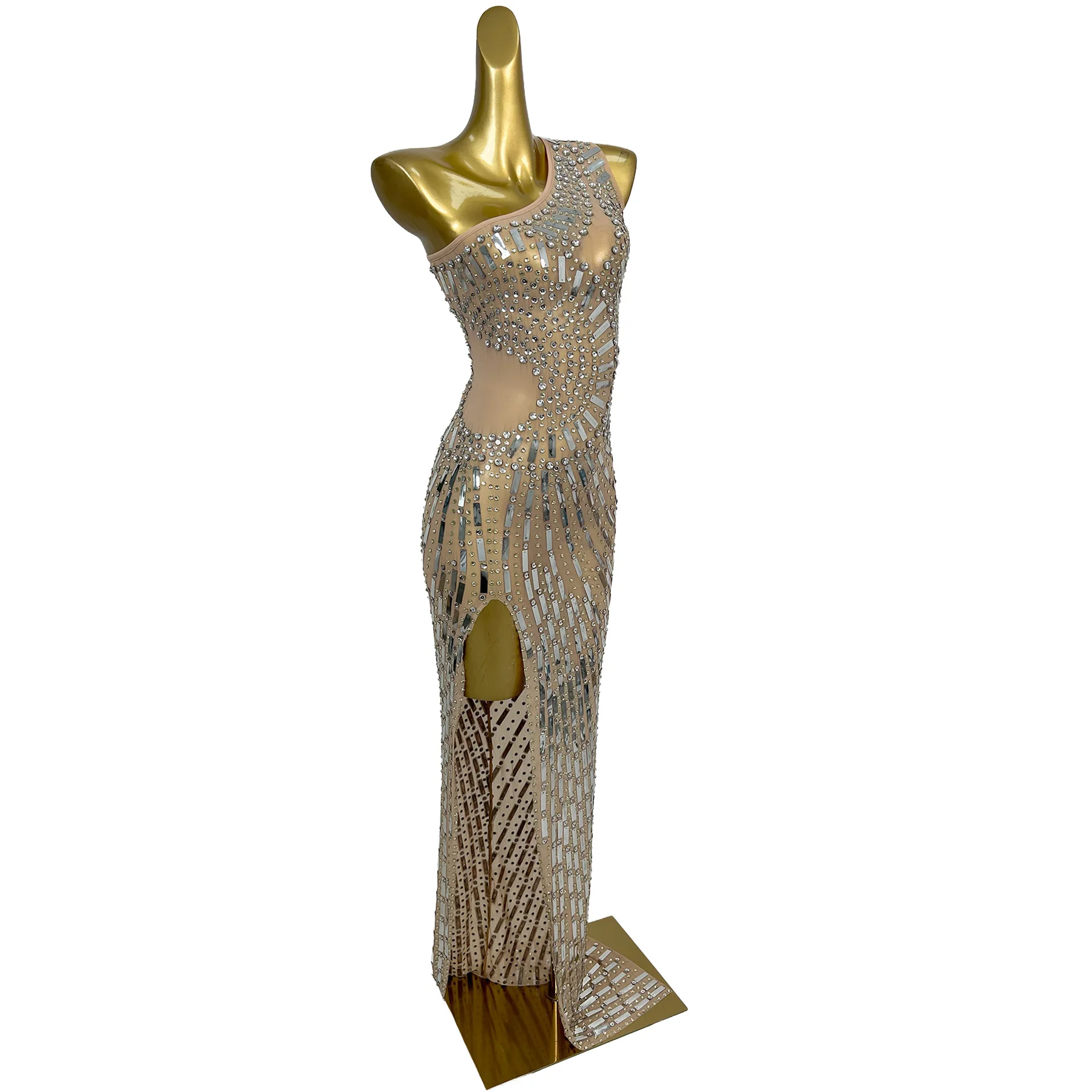 Nude Silver Sparkly Rhinestone Sequins One Shoulder Mermaid Maxi Dress Cutout Mesh Sheer Club Stage Trendy Evening Gown Sdanjian