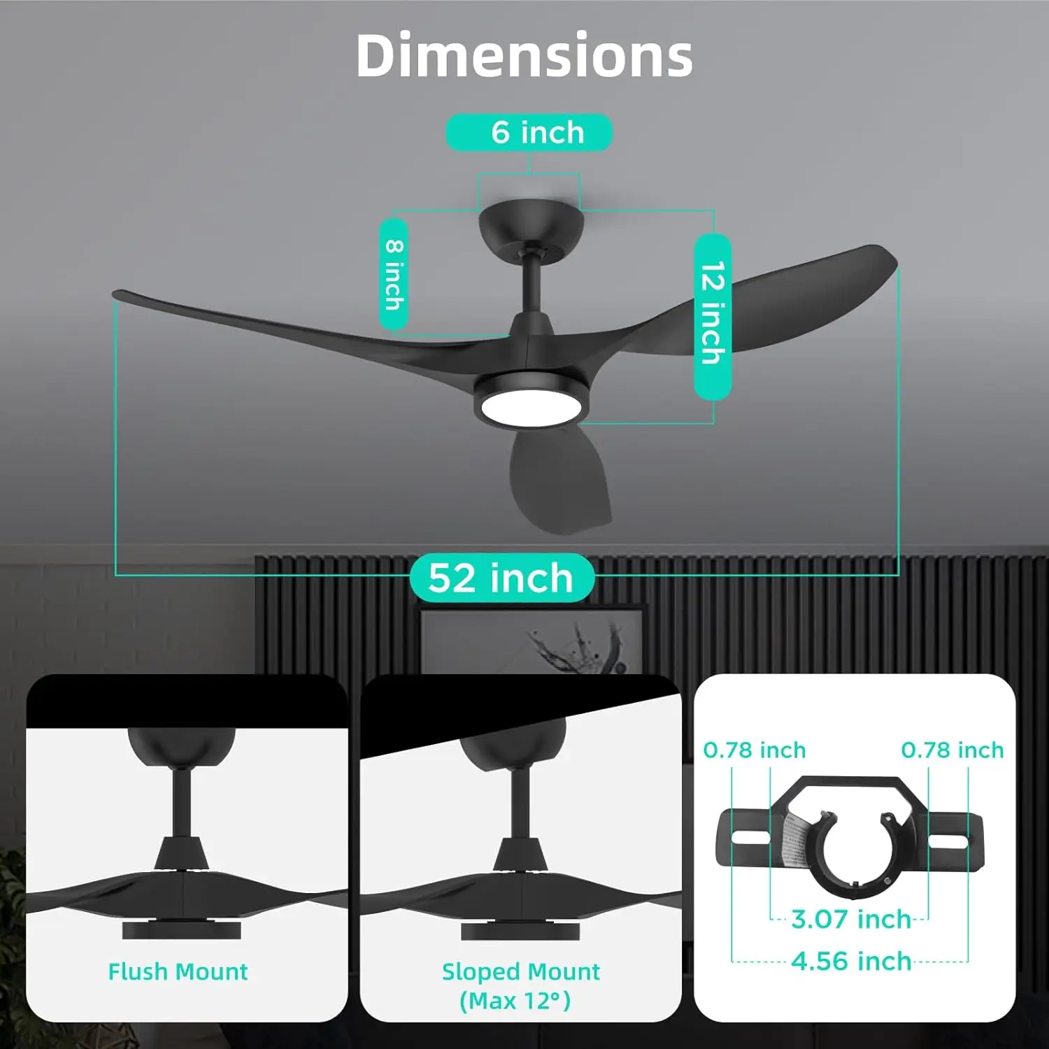 Grande Airflow ventiladores de teto interior com luzes e remoto, silencioso DC Motor, 3 Temperatura Cor, 52"