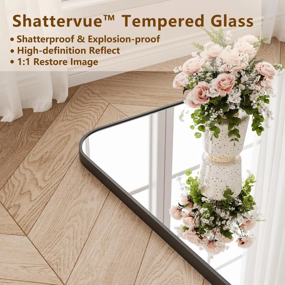 Miroir pleine longueur Koonmi, miroir pleine longueur 65x24 avec support, miroir de sol à bords carrés supérieurs bombés noirs avec alliage d'aluminium Fr