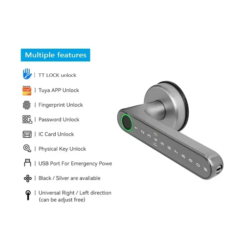 Double Locking Tabs Zinc Alloy Tuya BLE IC Card Fingerprint Keyless Handle Smart Door Lock Silver for Room