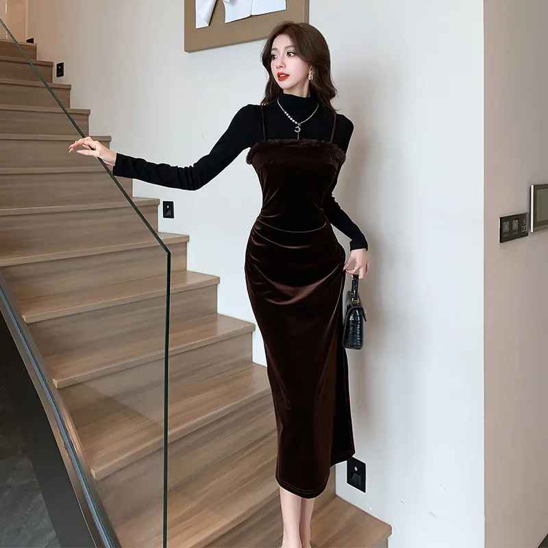 

Velvet Vintage Womens Dresses Two-piece A-line French Women's Elegant Dresses Autumn and Winter New Long Dresses for Women