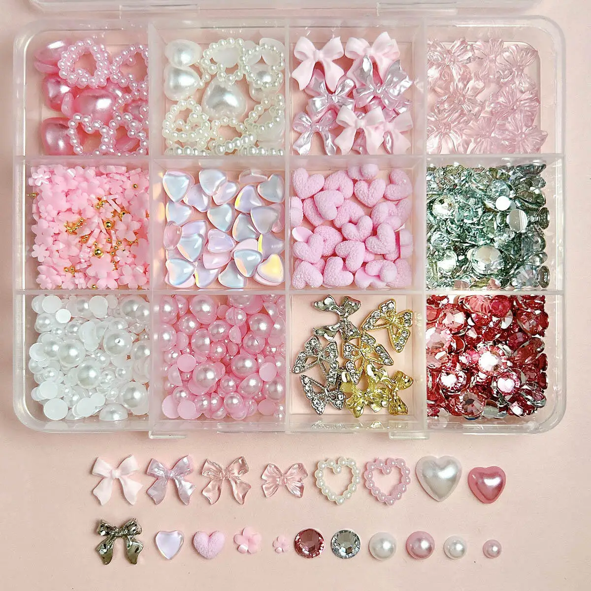 1 Box rosa weiße Harz Schleife Herz Nail Art Dekoration Mini Perle Strass Blume Nagel Charms handgemachte DIY Handwerk Zubehör