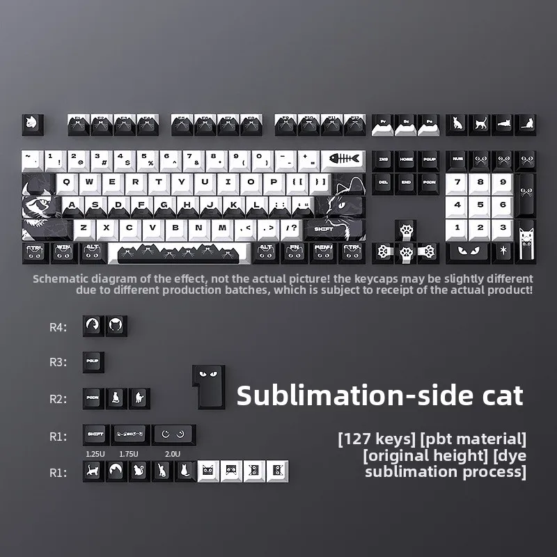 Night Cat Sublimation PBT Keycaps - Original Profile, 126-Key Mini Full Set for Custom Mechanical Keyboards