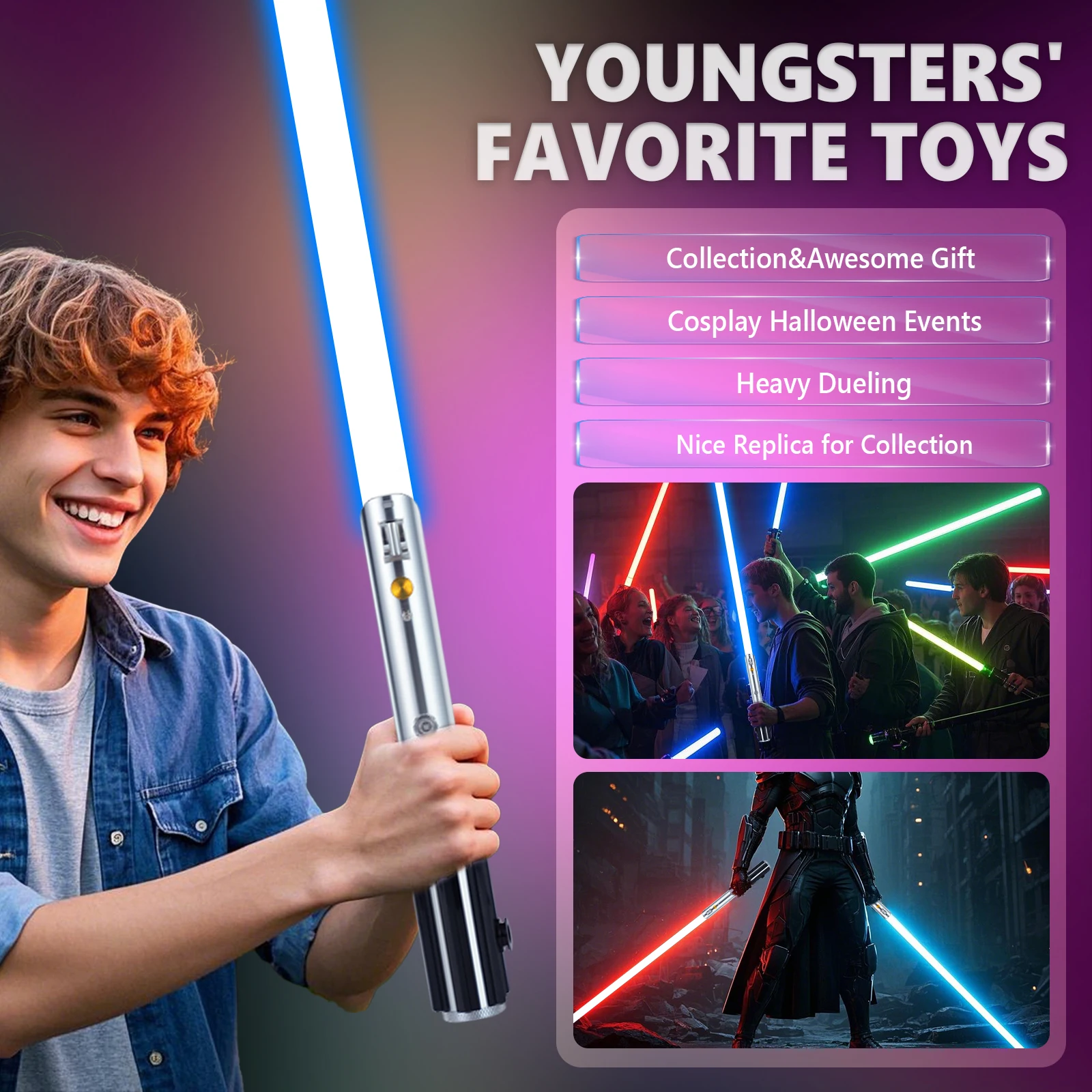 Sabre de luz de duelo iluminado PHS 16 cores RGB, 16 modos de som metal alumínio alça preta balanço suave dramatização lembrança de festa (177 cm)