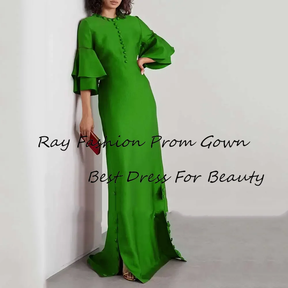 

Ray Fashion Prom Dress O Neck With Button Three Quarter Sleeves Simple Party Gowns With Sweep Train For Women Party Gowns