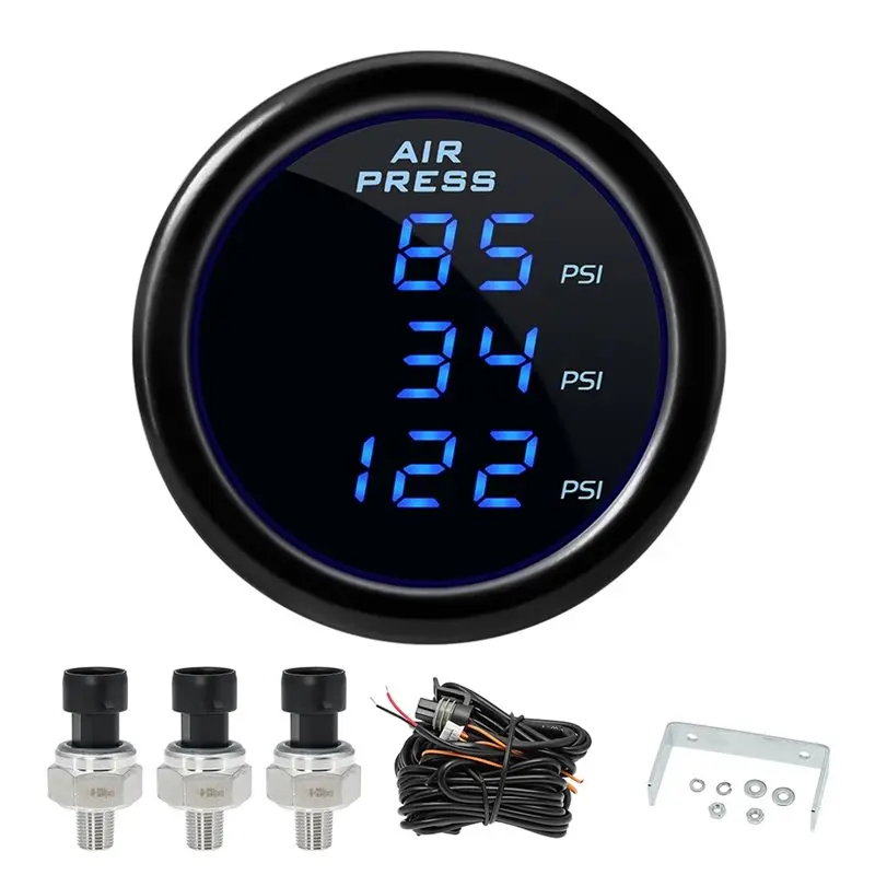 

M50K-For Car Truck Gauge 52Mm LED Air Pressure Gauge Triple Dual Display Air Ride Suspension Gauge With 1/8NPT Sensor Connection