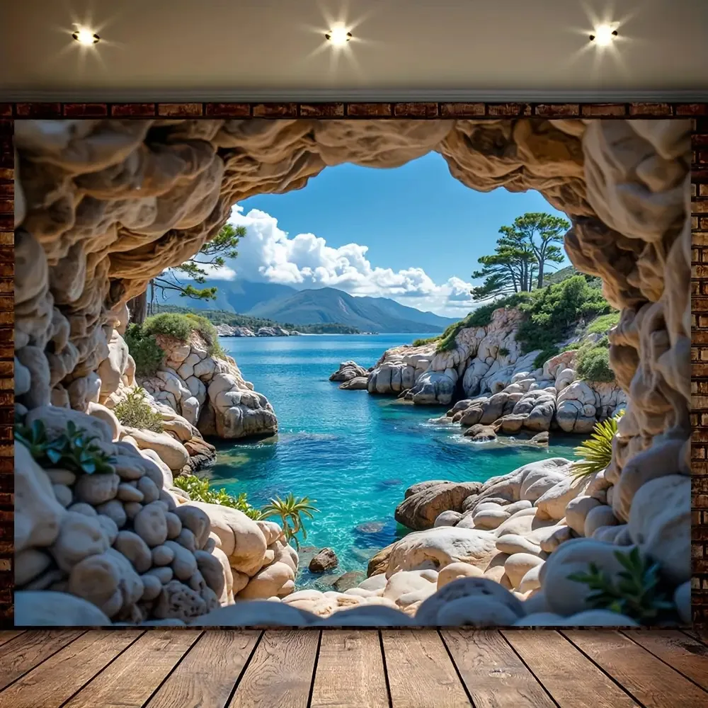 1pc realista 2d turquesa água e arco de rocha praia caverna fundo de poliéster-decoração de festa com tema da ilha grega
