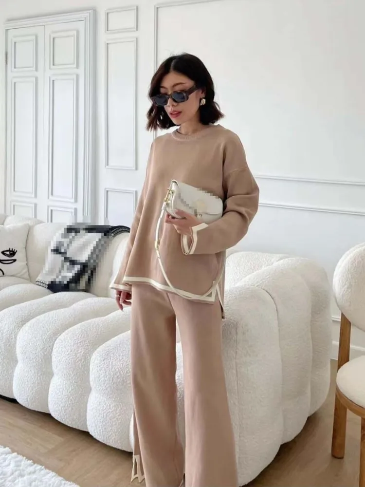 Women Trouser Suits Knitted Fall Spring Office Ladies Sets Knit 2 Piece Set Pajamas Female Side Split Long Sleeve High Waist