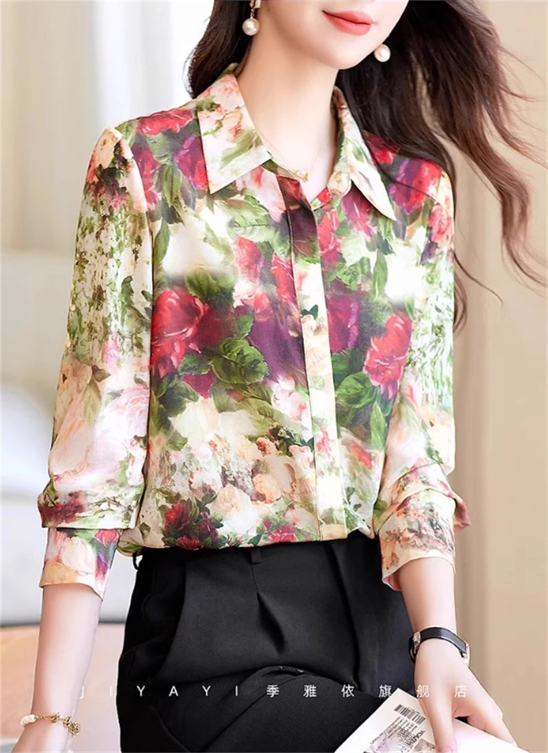 FANIECES S-3XL Vintage Rose Print Women Shirts Elegant Luxury Tops Autumn Long Sleeve Lapel Single-breasted Retro Blouse camisa