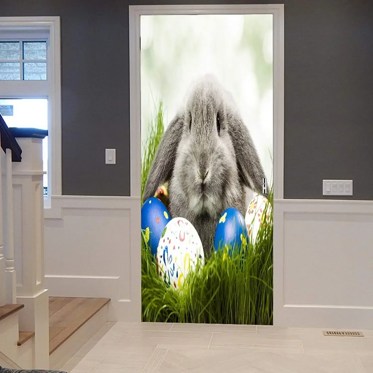 Animal Door Sticker Lovely Easter Bunny Door Decals Self Adhesive Wallpaper Pet Rabbit Poster Mural Living Room Bedroom Decor