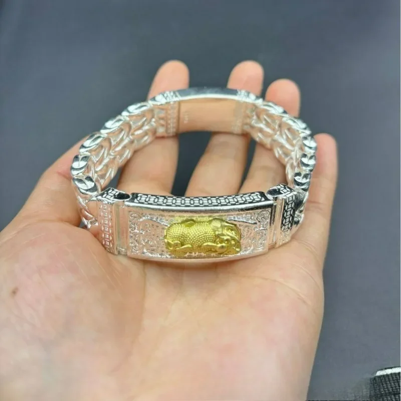 Vintage Collectible Copper‑Silver Plated Pixiu Bracelet, Retro Bold Statement Wrist Bangle Jewelry for Men Women