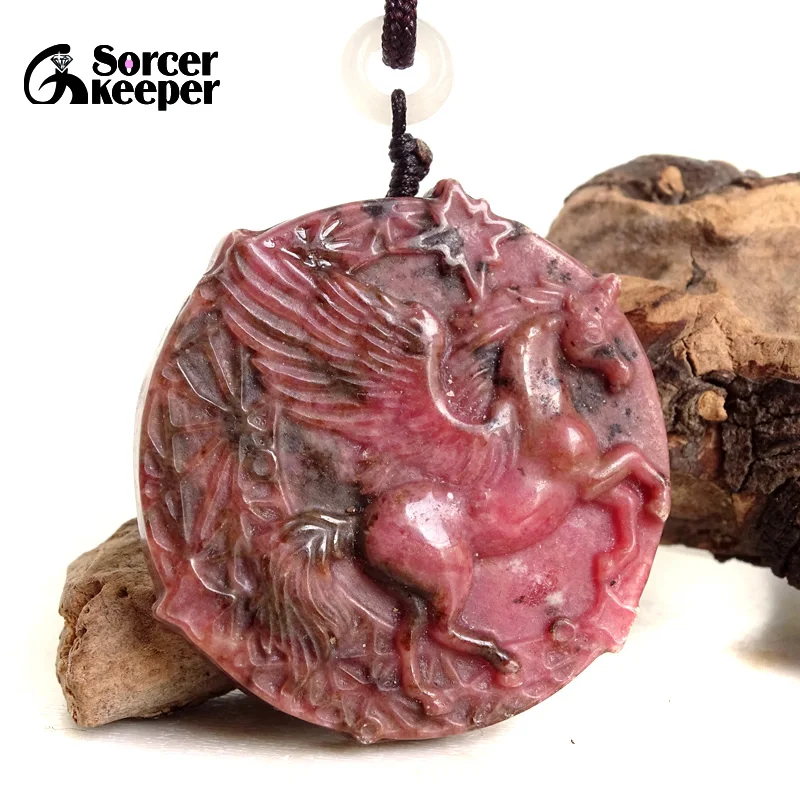 Carved Jade Unicorn Necklace Pendant Natural Rhodonite Jasper Beads Stone Fashion Charm Jewelry Amulet Gifts for Women Men BH630