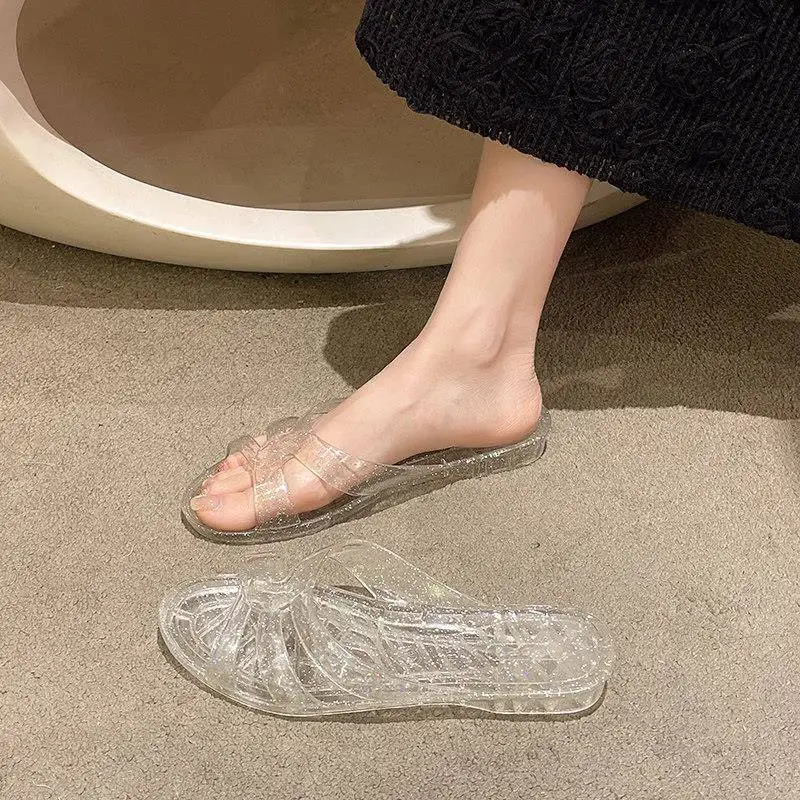 Crystal Slippers Retro Anti-Slip Odor-Resistant Women's Breathable Transparent Flat Bottom Bathroom Shower Home Beach Cool