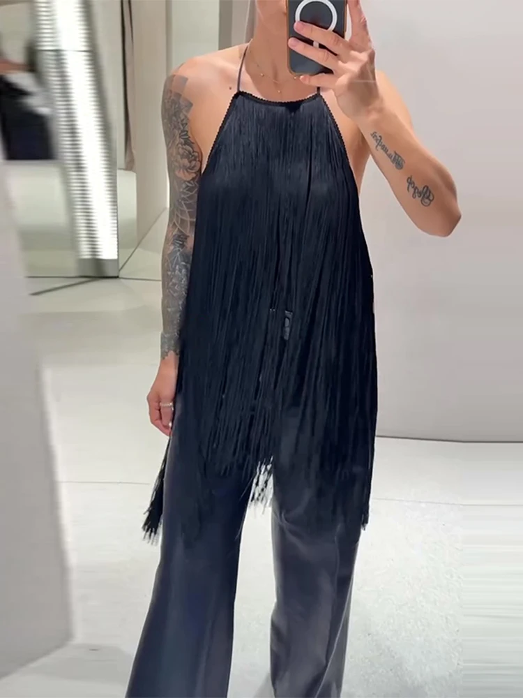 

Сексуальный женский топ с кисточками на шее, модные топы без рукавов с открытой спиной, открытые топы на бретелях, 2026, летние женские шикарные уличные футболки, одежда