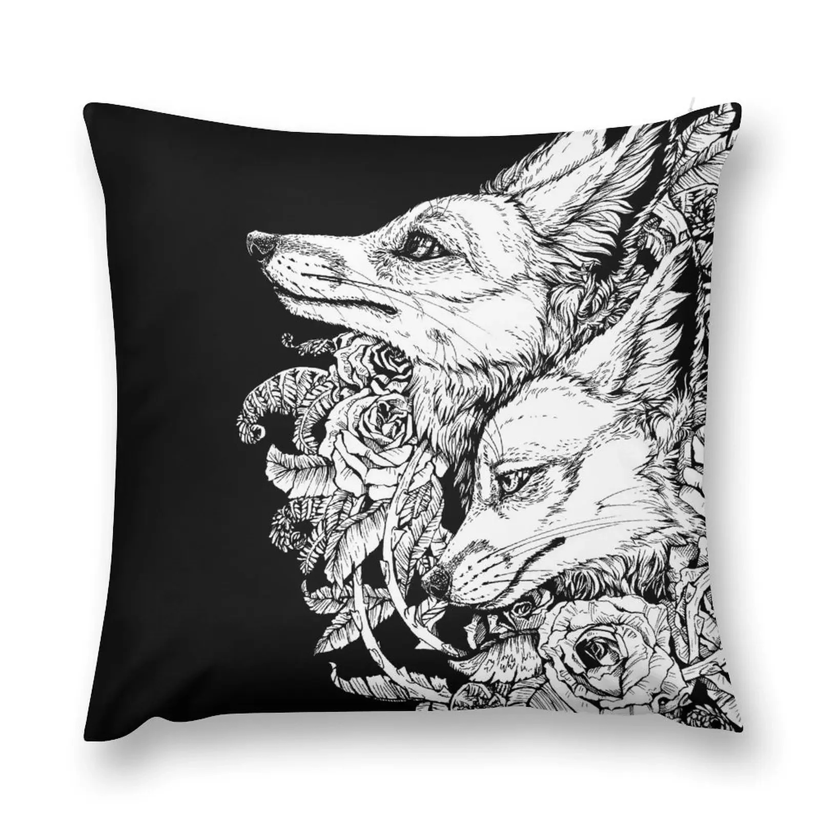 

Fox Bloom - Black and White Throw Pillow Christmas Pillowcase Pillows Aesthetic Embroidered Cushion Cover Anime pillow