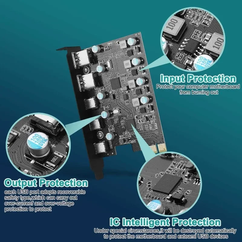 5gbps USB 3.2 Gen2 PCIE4x Card Hub USB PCI Express Board 3xUSB C Port+2x USB A Port 5ports PCI-E Expansion Card Adapter