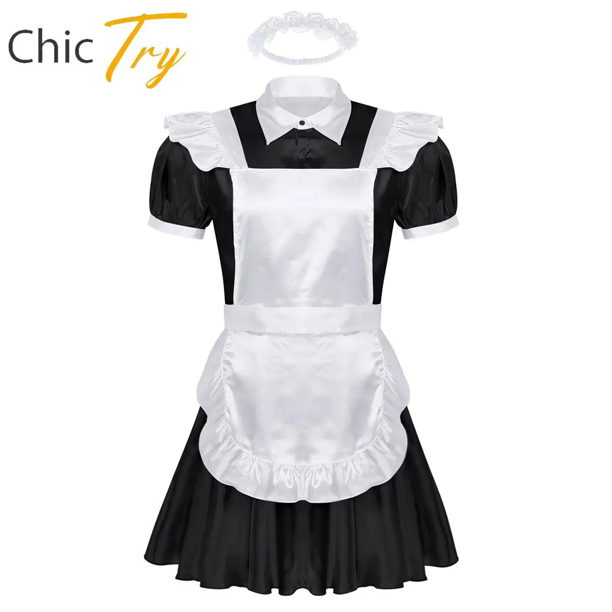 New Mens Adults Sissy Maid Cosplay Costume Outfit Turn-down Collar Dress+Apron Headband Role Play Carnival Costume Clubwear