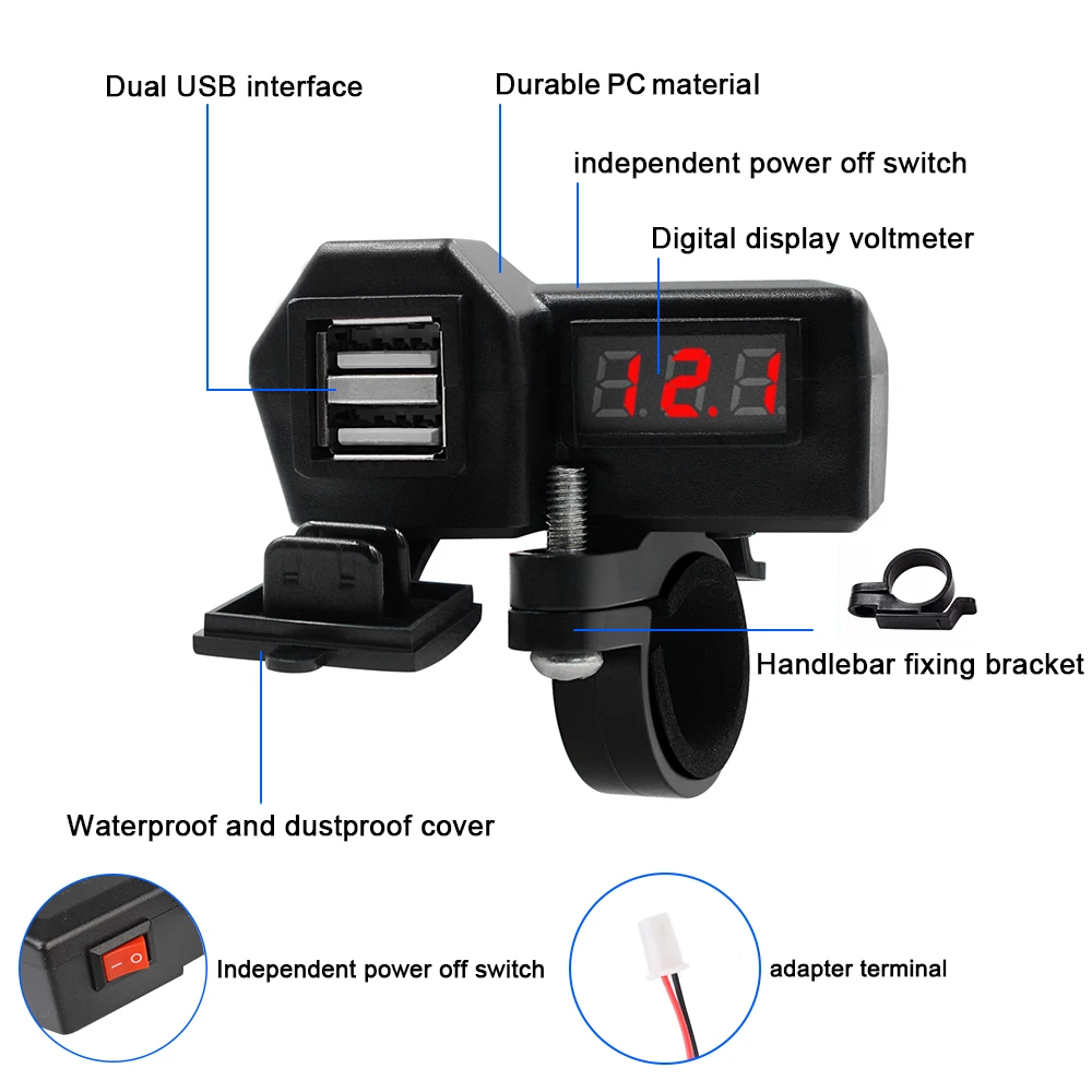 Carregadores USB para motocicleta 12-24V com voltímetro Divisor de capa à prova d'água portas duplas com fusível 25A 5V 3.6A Carga rápida 3.0