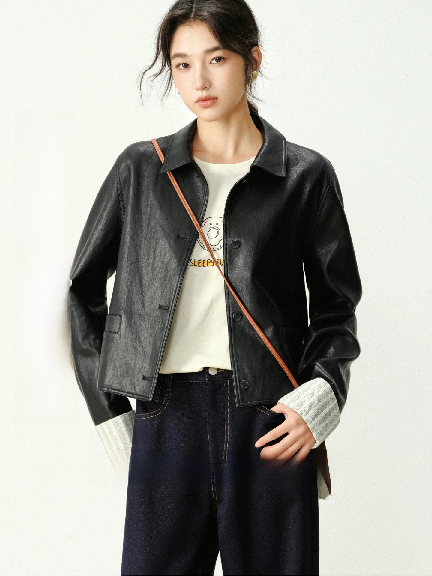 

bunny Retro Collarpu ort Leather Jaet Women Casual Loose Coat Rabbit Brand ket Commute Sle Thin Zipper