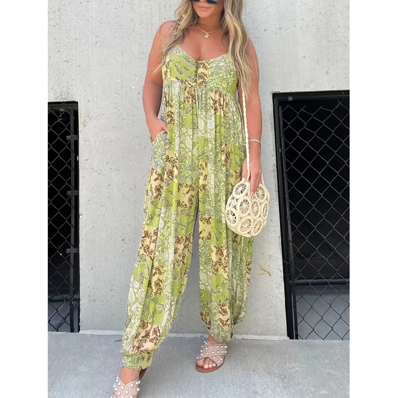 Jumpsuits For Women 2024 Spring Summer Printed Spaghetti Strap hollow Out Back Loose Jumpsuit Romper