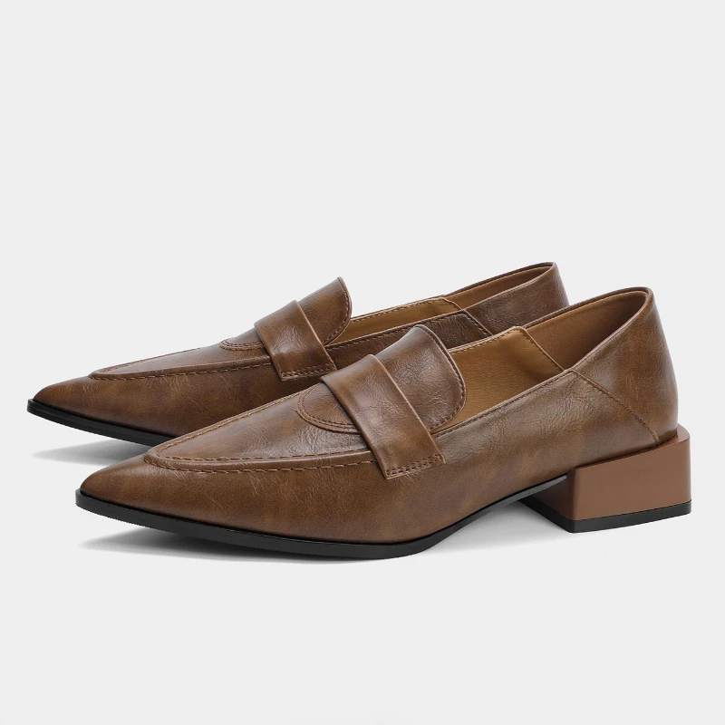 

Retro Brown British Style Chunky Root Women Pumps Pointed Toe Shallow Comfortable Loafers Fashion Office Formal Shoes for Ladies