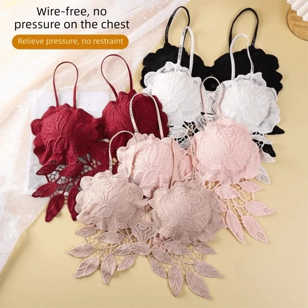 Korean Style Slim Fit Lace Camisole Hollow Out Flower Leaves Lace Vest Bras Push-up V-neck Design Underwear Beach Wear