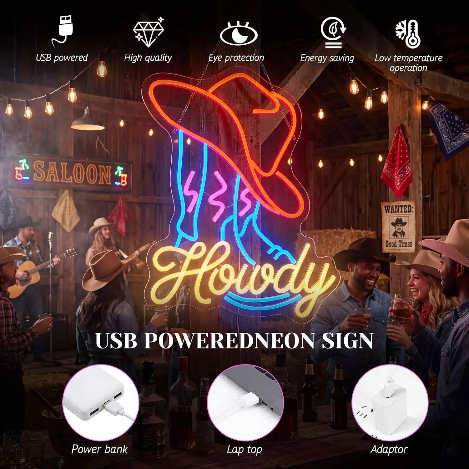 Cowboy Howdy Neon Sign Led Neon Lamp Usb Operated For Western Rodeo Theme Night Party Supplies Bar Backdrop Man Cave Wall Decor