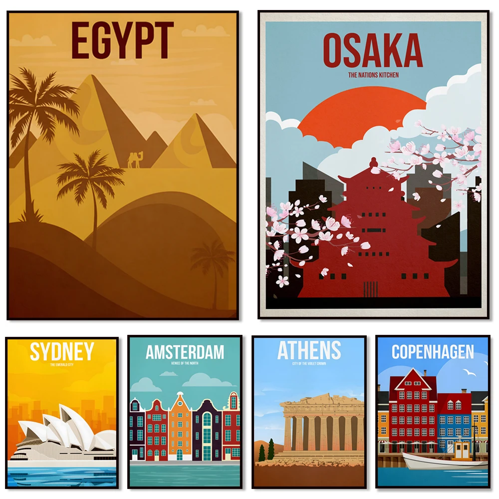 Athens, Copenhagen, Amsterdam, Madrid, Sydney, New York, Paris, Egypt, Budapest, Barcelona, Osaka, Cairo, Prague travel posters