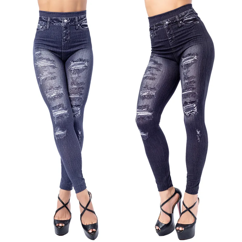 Seamless Jeans Print Pants Plus Size Faux Denim Jeans Leggings Women High Waist Tummy Control Slim Jeggings Basic Jeans Trousers