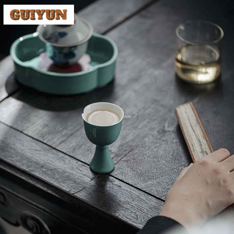 2pcs/et Luxury Turquoise Green Teacup High Foot Single Cups Personal Cup Kung Fu Tea Household Cha Accessories Collection 50ml