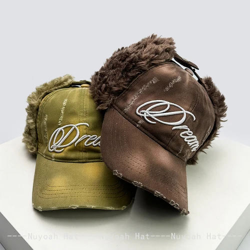 Imagen 2 del producto Nuevos hombres mujeres estilo roto Bordado de letras gorras de béisbol sombrilla desgastado cálido al aire libre gorras de bombardero versátil moda Retro