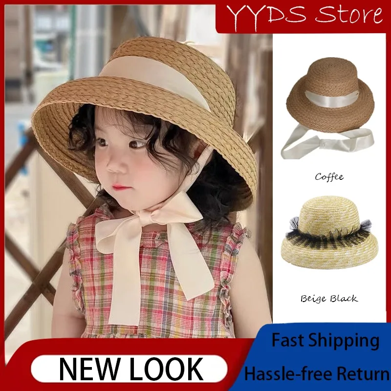 

Summer Girls Large Brim Straw Hat Cute Ribbon UV Beach Cap for Kids