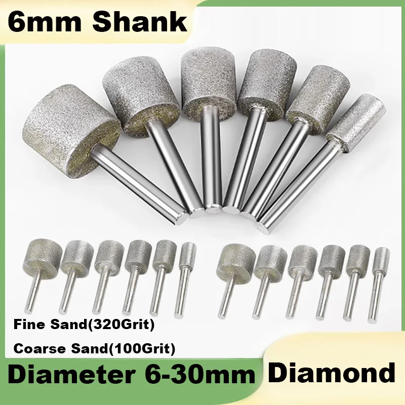 1Pcs 6mm Shank Cylinder Diamond Grinding Head 6/8/10/12/14/15/18/20/25/30mm For Dremel Rotary Polishing Tool