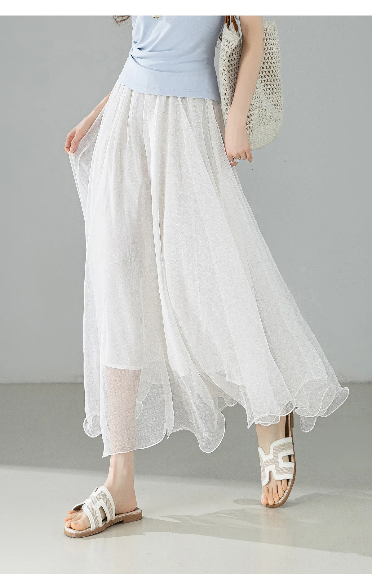 SENTUBILA Eleganter Hochgeschnittener Schimmernder Chiffon A-Linien-Rock 2026 Sommer Weißer Netzrock mit Elastischem Bund Damen-Unterteil W62QG7415 – Detail 23
