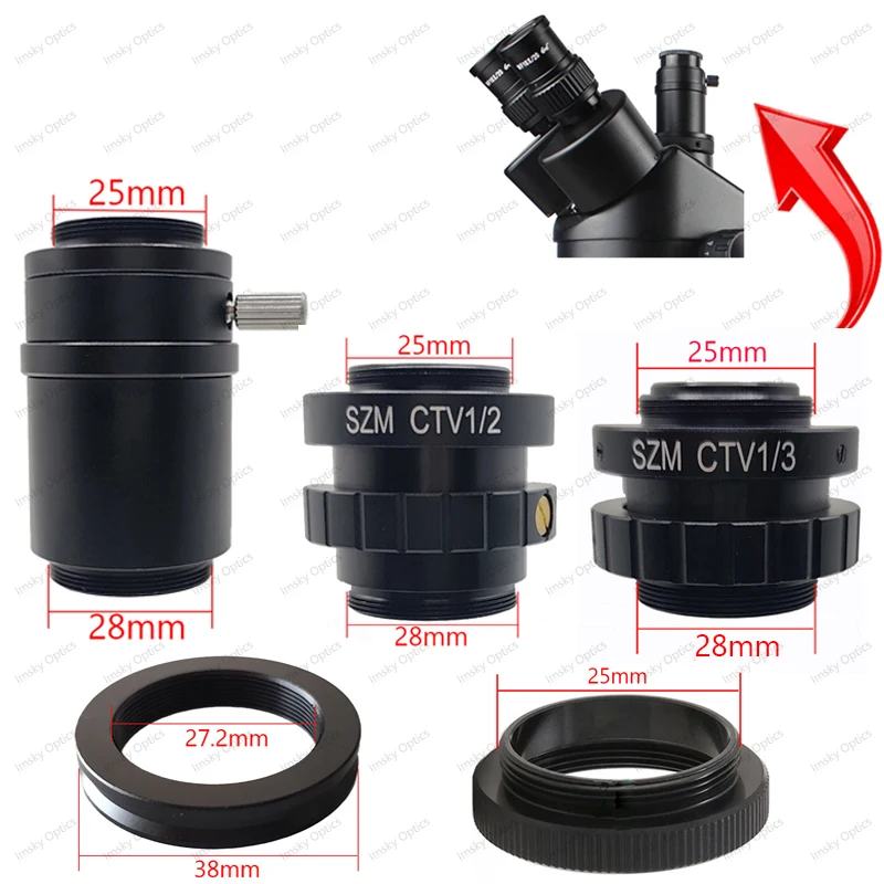 SZM CTV 1X 1/2X 1/3X Adapter C mount Lens 27.2 to 38 Ring Simul Focal Ring Trinocular Stereo Microscope HDMI VGA USB Video Camer