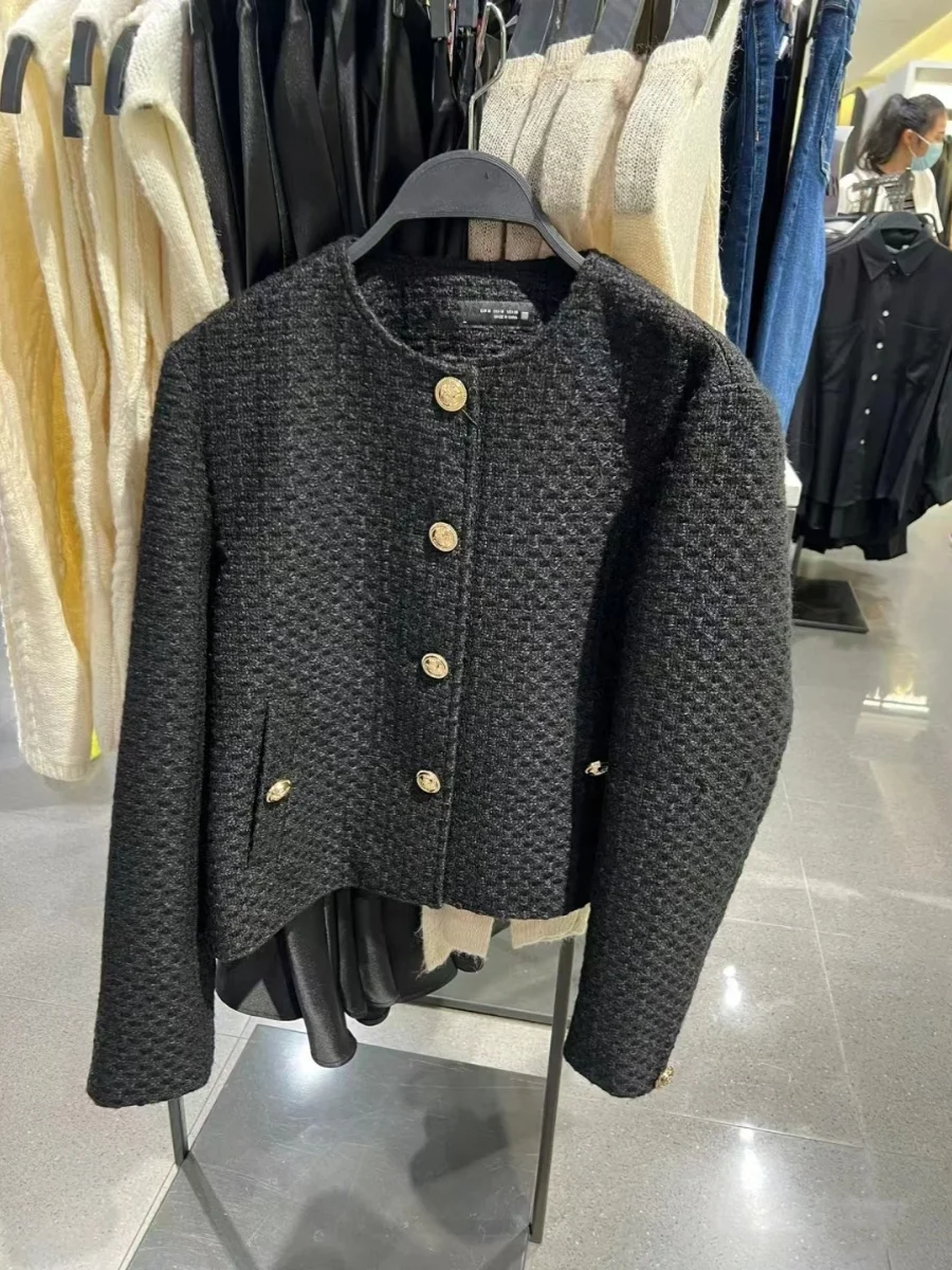 

Fall Winter ort Texture round Ne Suit Jaet Women's Faion Ele Sle Button Detail Loose Fit Polyester Fiber