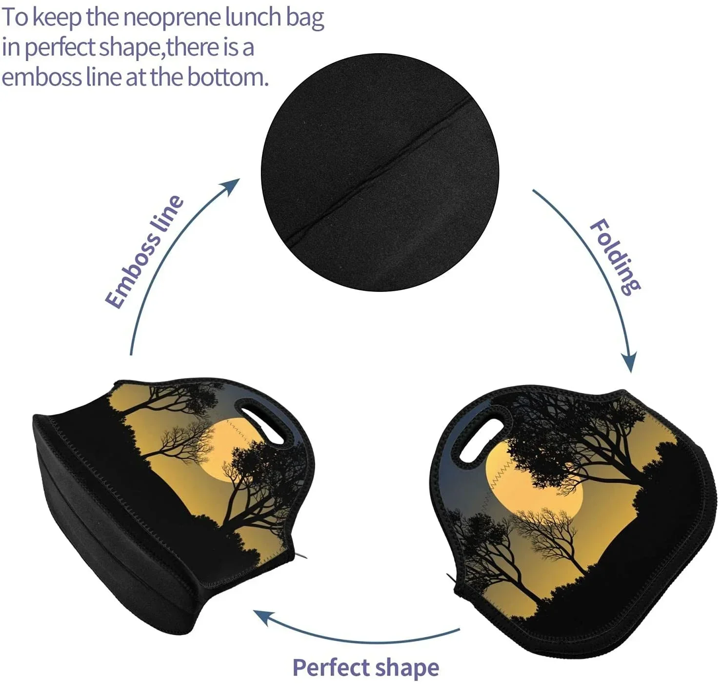 Sunset Full Moon dengan kotak tas makan siang Neoprene pohon hutan hitam, tas Tote pengatur tas Bento pendingin tahan lama