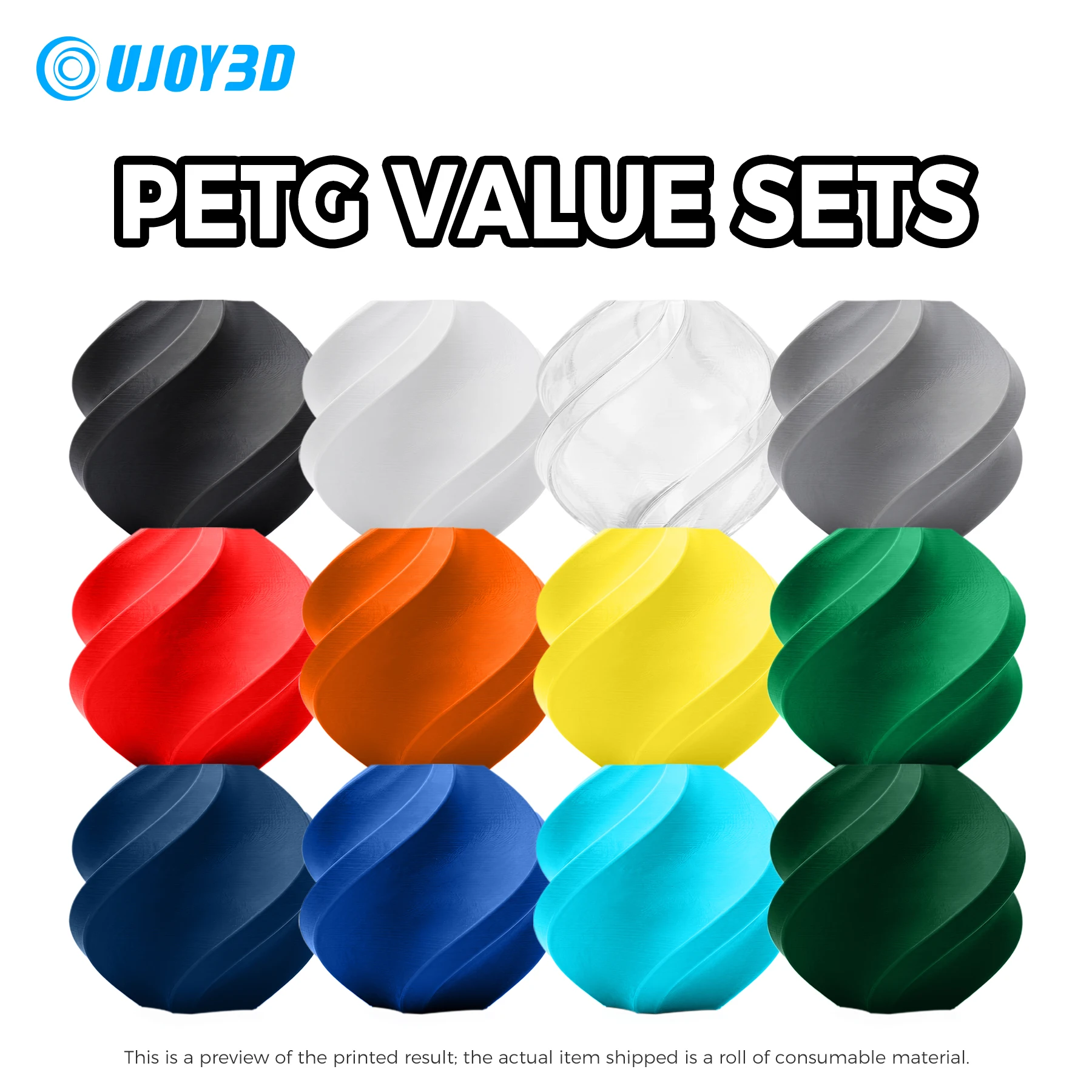 UJOY3D 10KG PETG 3D Printer Filament 22LBS Mix Color 1.75mm +/-0.03MM Fit FDM 3D Printer, 3D Pens, Eco-Friendly, 100% Zero Bubbles, Good Toughness, Vacuum Packaging, Ships Within 24h, Fast & Free Local Shipping