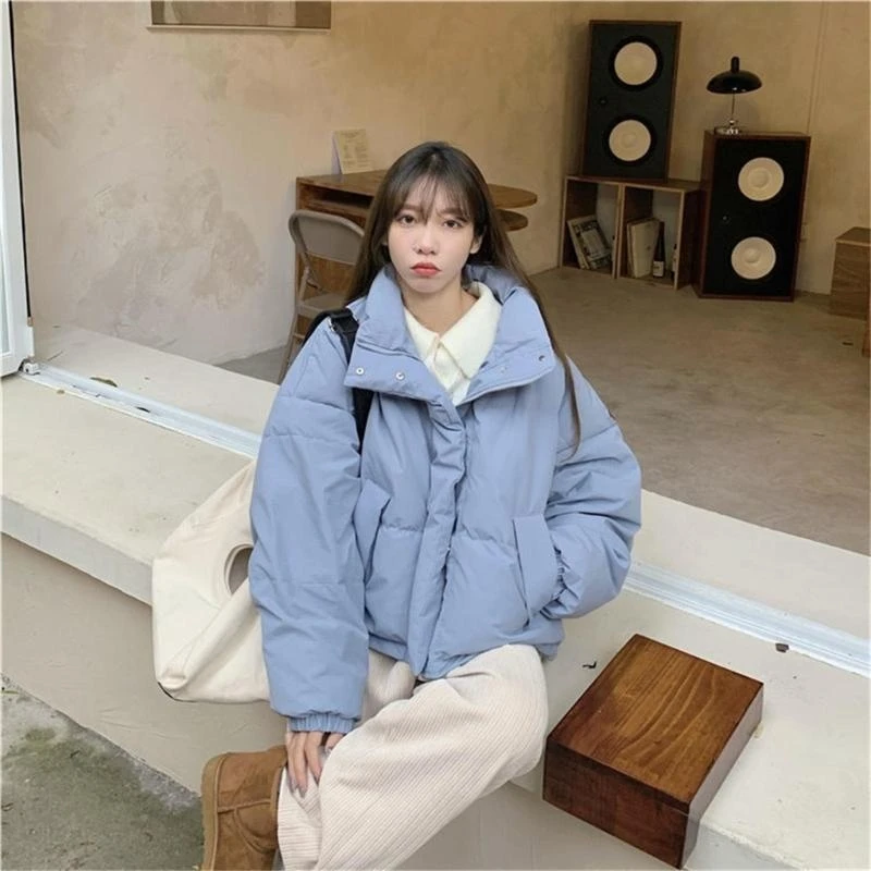 

Women Short Puffer Jackets Long Sleeve Solid Color Stand Collar Winter Down Coat