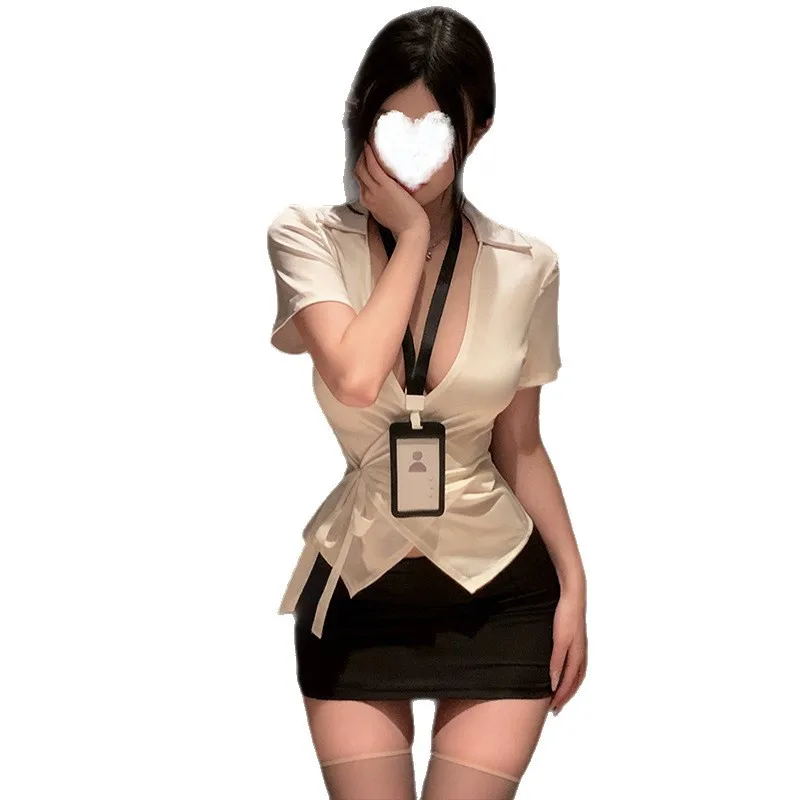 

Женский сексуальный комплект нижнего белья из двух предметов: топ с V-образным вырезом и короткая юбка-обертка для ролевых игр, костюм учительницы для взрослых, соблазнительная униформа