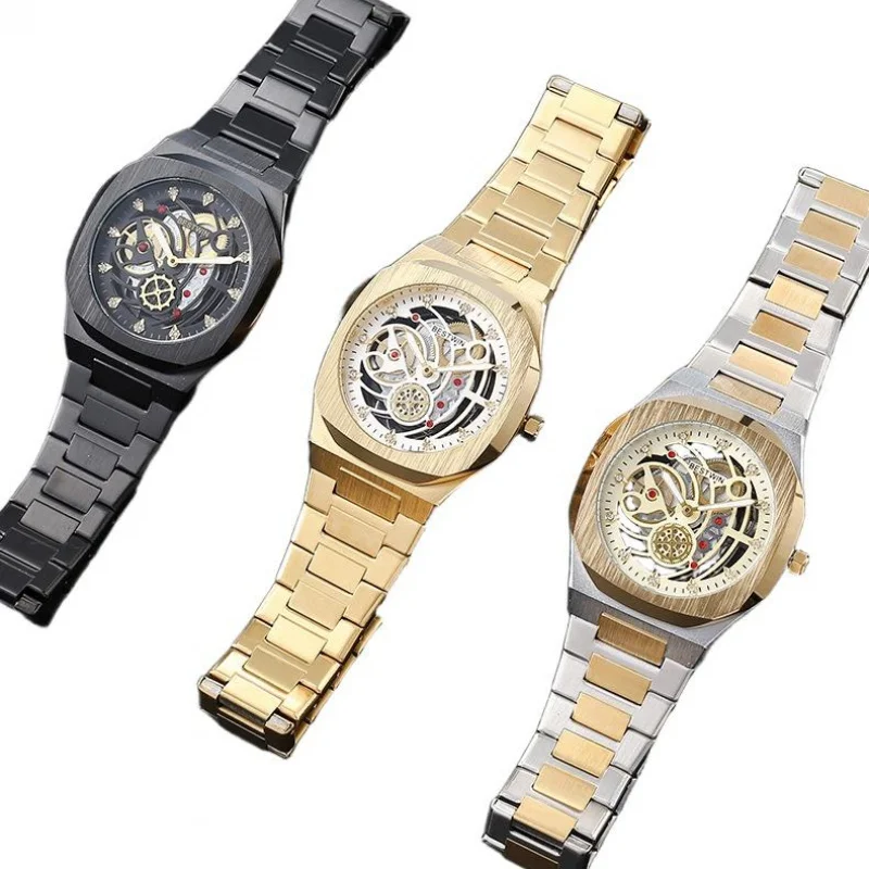 Men's Luxury Hollow Out Watch with Transparent Case Back Steel Strap Butterfly Clasp Precise Quartz Movement for Fashion Forward