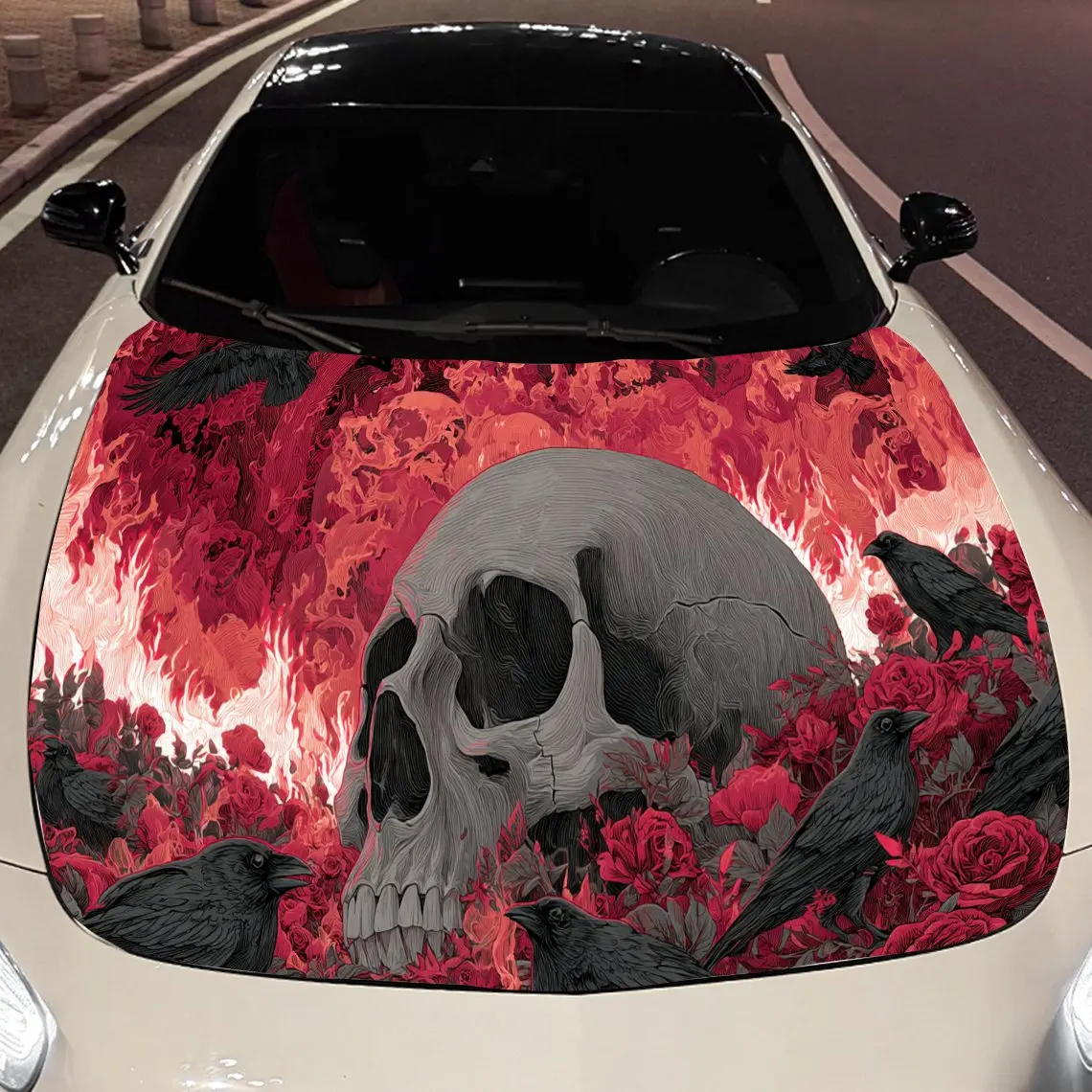 

Mysterious Skulls, Roses and Crows Car Engine Hood Sticker, Auto Vinyl Wraps, Waterproof Self-adhesive Vehicle Decal, Durable &