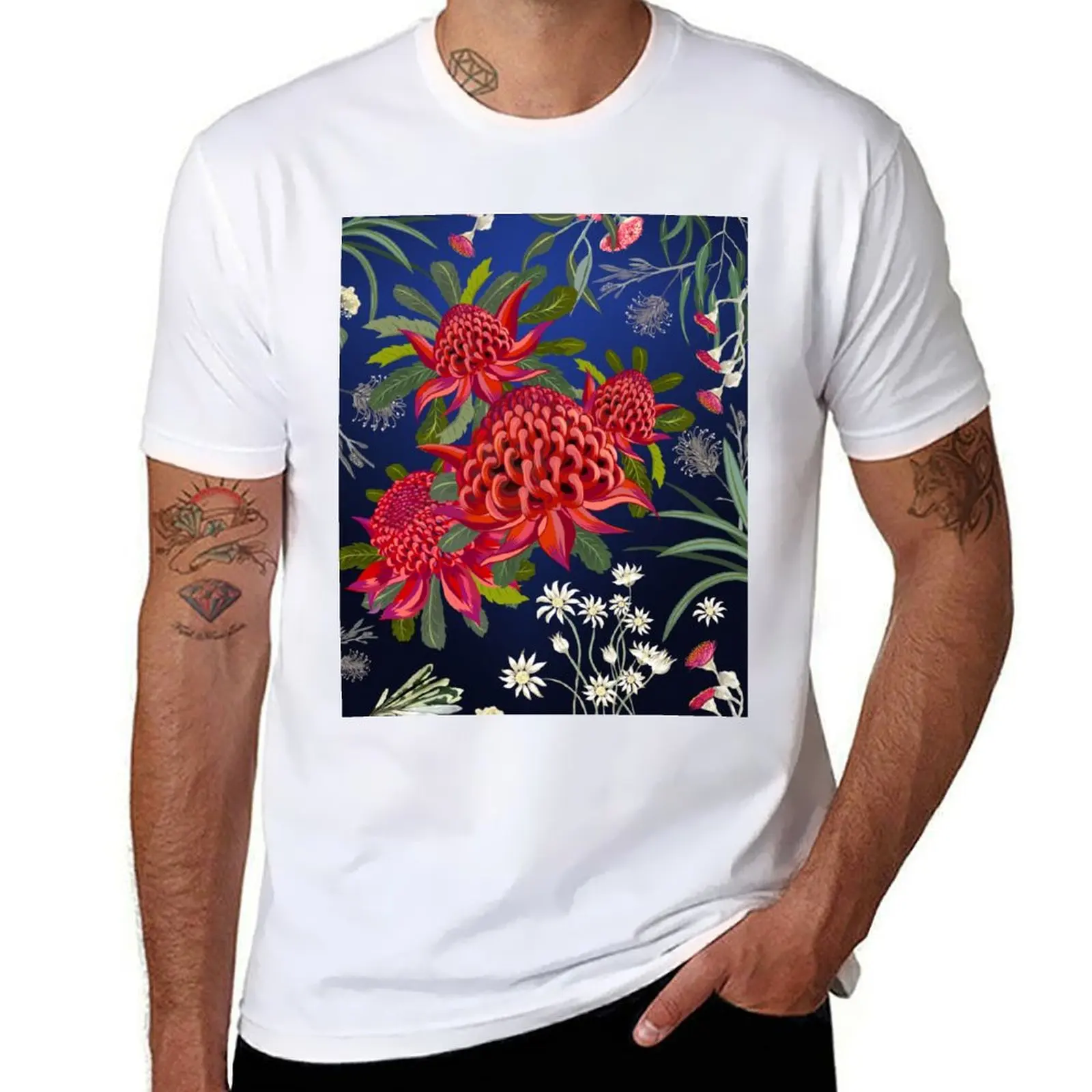 

forals, Botanical tshirt contemporary red, art T-Shirt native Australian Waratah, bright blue, flowers, man