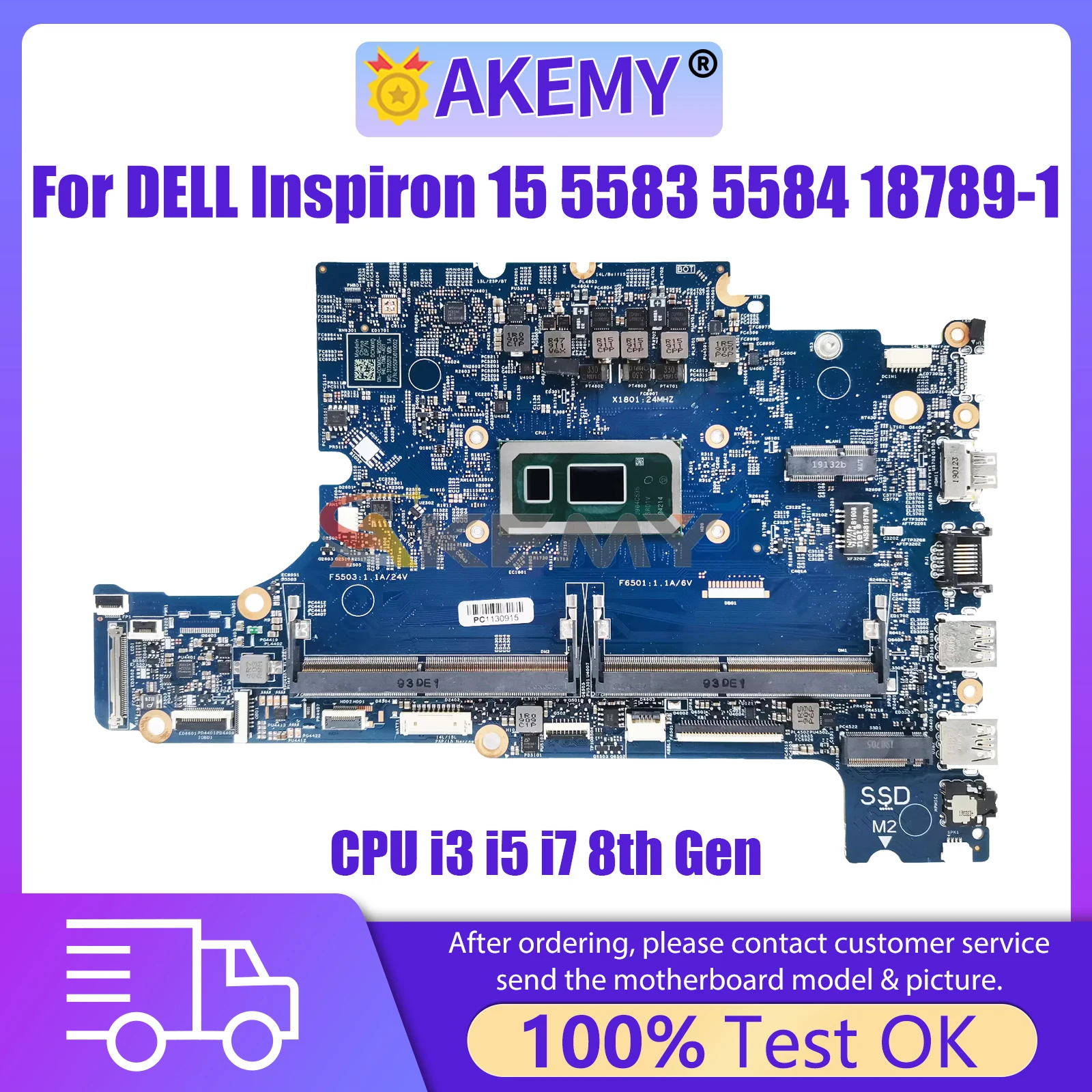 

AKEMY 18789-1 Laptop Motherboard For Dell Inspiron 15 5584 5583 0F62D6 0CXMX0 Mainboard CPU With i3-8145U i5-8265U i7-8565U Gen